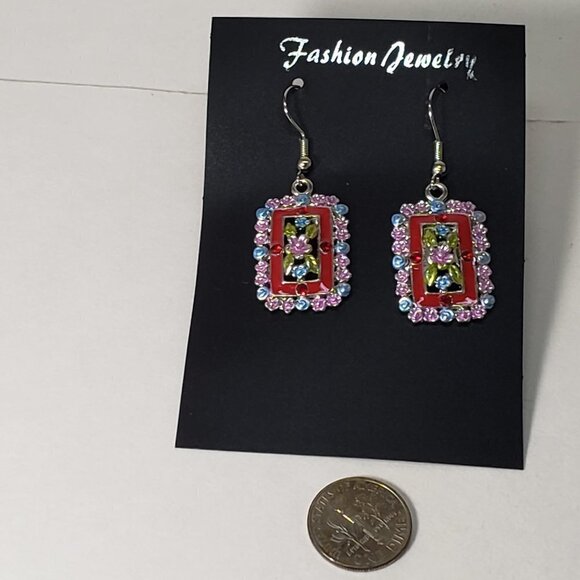 Red Crystal Floral Drop Earrings – Silver-Tone Colorful Statement Jewelry - Picture 7 of 7